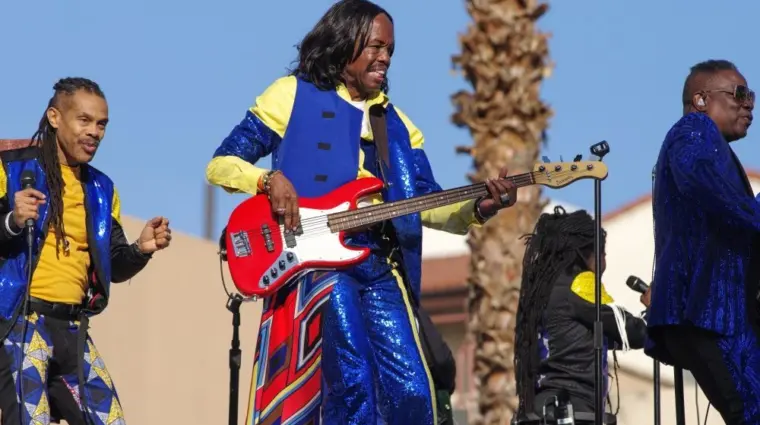 Earth^ Wind^ and Fire shown performing atop the Forum Club float at the 129th Rose Parade. Pasadena^ California^ USA - January 1^ 2018