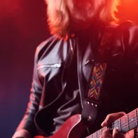 Close up of rock band performing on stage with long haired man playing electric guitar copy space