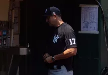 New York Yankees Manager Aaron Boone #17 before a game against the Oakland Athletics. Oakland^ California - August 28^ 2021