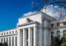 Front of the United States Federal Reserve System headquarters where monetary policy is established by board of governors. Washington D.C.—March 17^ 2019