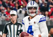 Dallas Cowboys quarterback Dak Prescott (4) looks to throw the ball against the Atlanta Falcons on November 3^ 2024 at Mercedes-Benz Stadium.
