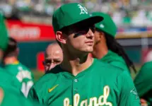 Oakland Athletics first baseman Tyler Soderstrom looks at the crowd after the A's won the final game at the Oakland Coliseum. Oakland^ California - September 26^ 2024