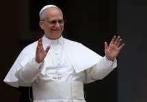 Pope Leo XIV at the gates of the Apostolic Palace before thousands of faithful in Castelgandolfo. Italy - August 17^ 2025