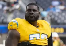 Los Angeles Chargers guard Mekhi Becton Sr. #73 warms up prior to an NFL football game against the Indianapolis Colts at SoFi Stadium^ Oct. 19^ 2025^ in Inglewood^ Calif.