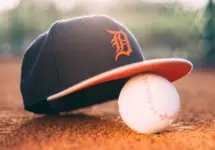 Baseball ball with Detroit Tigers cap on pitchers mound. BELGRADE^ SERBIA - APRIL 12^ 2017