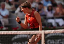 Professional tennis player Karolina Muchova of Czech Republic in action during women singles semi-final match against Aryna Sabalenka of Belarus at 2023 Roland Garros PARIS^ FRANCE - JUNE 8^ 2023