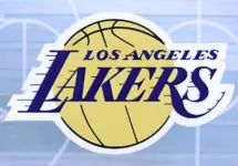 Los Angeles Lakers basketball team badge lies on basketball stadium map background banner