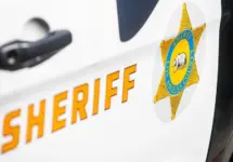Close-up of a Los Angeles County Sheriff's Department badge and lettering on the side of a patrol vehicle. 2024-11-15 Los Angeles USA