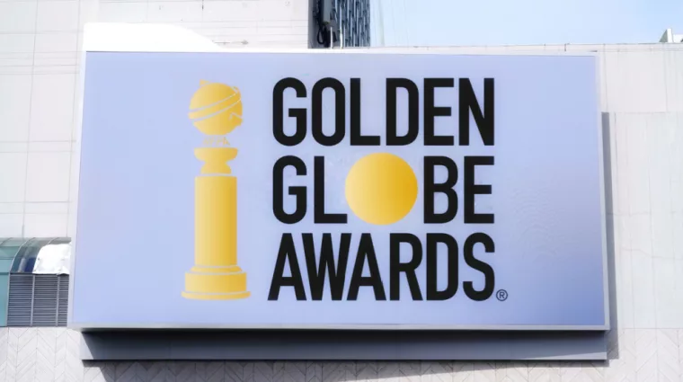 The Golden Globe awards logo seen on billboard. Golden globe awards honored the best in film and American television^ as chosen by the Hollywood Foreign Press Association