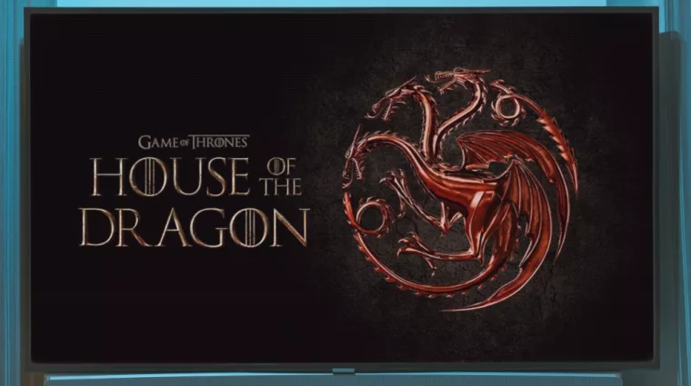 'House of Dragons' HBO MAX TV series on big tv screen. Game of Thones house of dragons television show at home