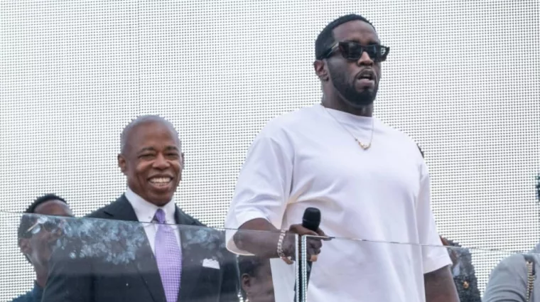 Sean "Diddy" Combs speaks and performs to the crowd after being presented with the key to the city by Mayor Eric Adams on Times Square in New York on September 15^ 2023