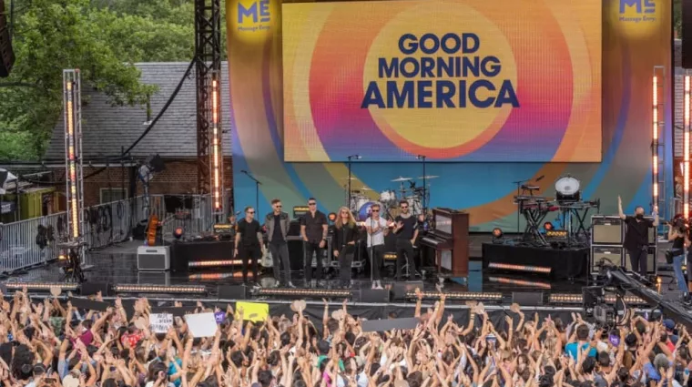 New York^ NY - July 15^ 2022: Members of pop rock band One Republic pose on stage after ABC Good Morning America summer concert at Central Park