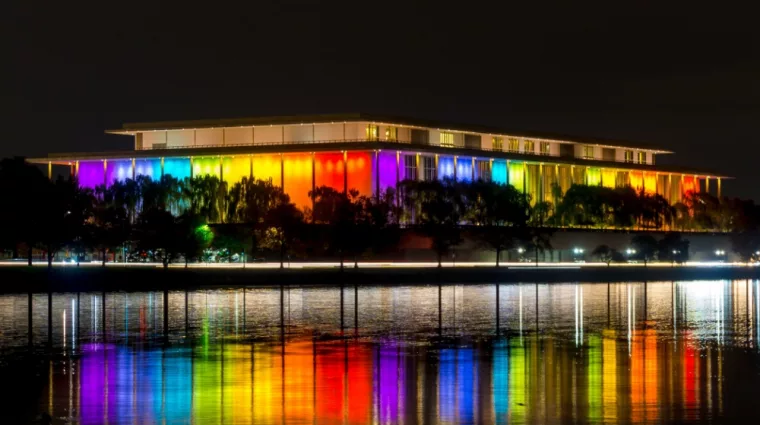 The Kennedy Center is illuminated in a rainbow of colors in recognition of the upcoming Kennedy Center Honors. Washington^ DC / USA - November 19^ 2019