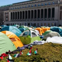 Pro-Palestinian supporters set up a protest encampment on the campus of Columbia University in New York as seen on April 22^ 2024