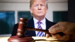 Trump and the court session. The judicial hammer on the background of former president Donald Trump.