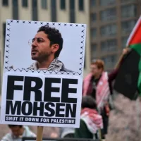 Rally for student activist Mohsen Mahdawi following his arrest by ICE agents across from the ICE Manhattan headquarters. NEW YORK^ NEW YORK USA - April 15^ 2025