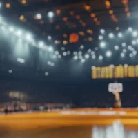 Blurred background of intimate atmosphere of a basketball arena during a crucial playoff game^ filled with excitement^ energy^ and passionate fans enjoying every moment.