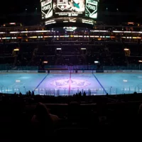 pro ice hokey rink lit up at nighttime