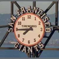 San Francisco Giants Scoreboard Clock by TimeWorks displaying the time of about 7:45pm during a game at ATT Park in San Francisco^ California. San Francisco - May 11^ 2010