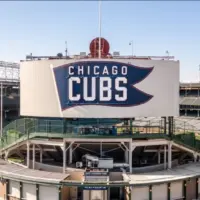 Chicago^ IL^ USA - October 9^ 2024: An aerial view of Major League Baseball's Chicago Cubs' Wrigley Field stadium in the Wrigleyville neighborhood of Chicago.