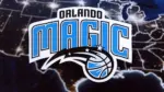 Orlando Magic basketball team badge lies on United States map background banner