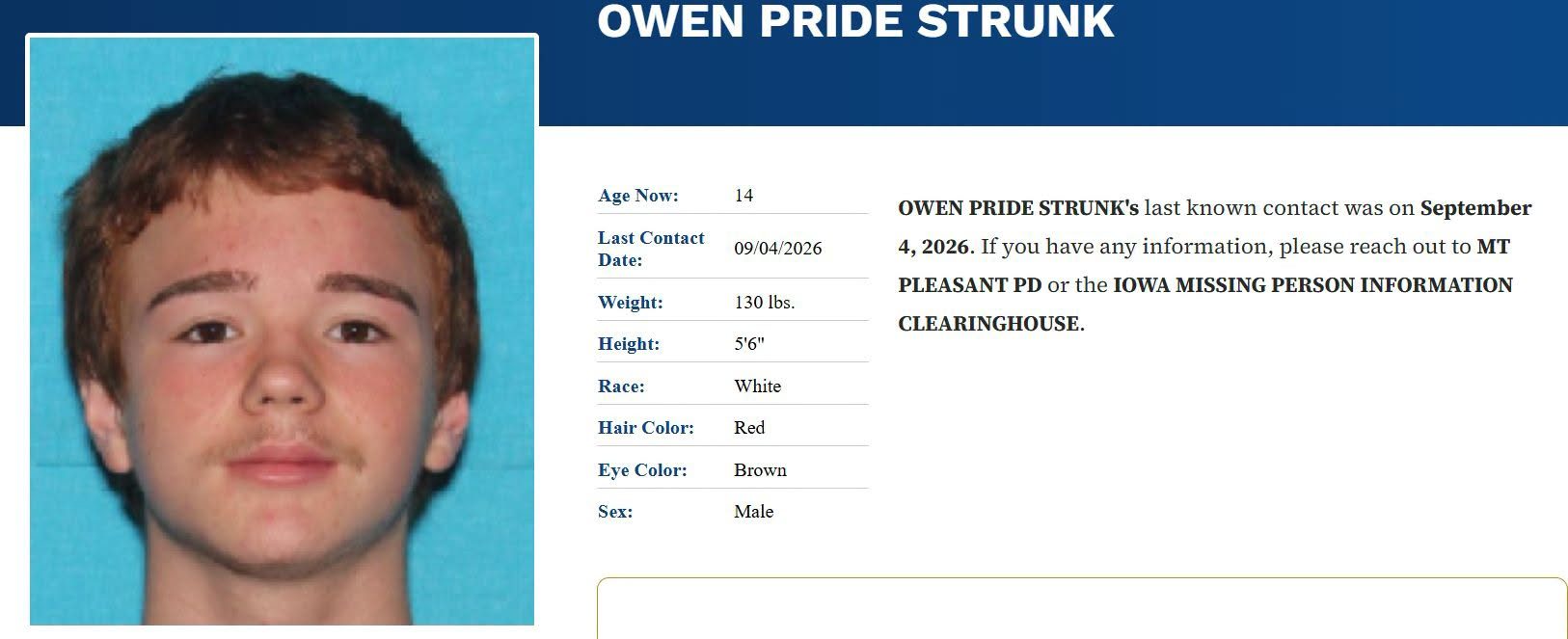 Authorities are asking for the public’s help locating a missing 14-year-old Mount Pleasant boy