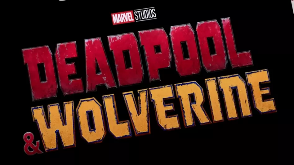 Logo of Deadpool and Wolverine movie on phone screen with movie trailer on the background on TV screen.