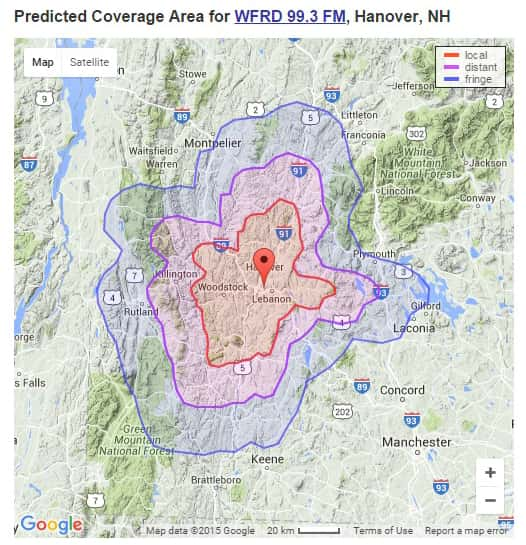 WFRD-FM Predicted FCC Licensed Coverage Area