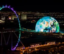 MSG Sphere and High Roller illuminated at night Las Vegas^ Nevada^ USA - November 7th^ 2023