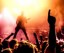 silhouette of guitar player in action on stage in front of concert crowd