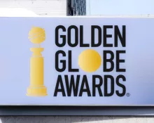 The Golden Globe awards logo seen on billboard. Golden globe awards honored the best in film and American television^ as chosen by the Hollywood Foreign Press Association