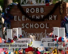 Memorial at Robb elementary school dedicated to the victims of the May shooting in Uvalde^ Texas. Uvalde^ TexasUnited States - June 5^ 2022.