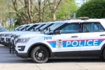 Columbus Ohio May 1^ 2022 A succession of police cars lined up in front of precinct.