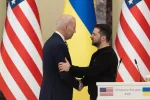 U.S. President Joe Biden and Ukraine's President Volodymyr Zelenskiy attend a joint news briefing^ amid Russia's attack on Ukraine. Kyiv^ Ukraine February 20^ 2023.