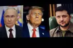 Images of US President Donald Trump^ Volodymyr Zelenskyy and Vladimir Putin side by side