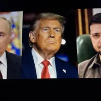 Images of US President Donald Trump^ Volodymyr Zelenskyy and Vladimir Putin side by side