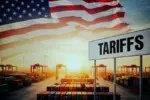 Selective focus on laptop screen displaying US high Tariffs on other countries Export and Import business and Tariff War in the world.