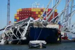 Container vessel Dali is trapped and aground under the wreckage of the Francis Scott Key Bridge in Baltimore. Baltimore^ MD USA - 4-23-2024