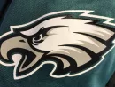 Closeup of the arm/sleeve displaying the official logo on a Philadelphia Eagles jersey
