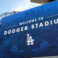 LOS ANGELES^ CALIFORNIA^ 29 JUNE 2021: Closeup of the Welcome sign in the Outfield Plaza of Dodger Stadium.