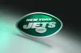 New York Jets logo on dark background with shiny details. 3D render.