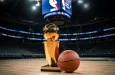Indoor photo of photography of a basketball and next to it the larry o’brien nba championship trophy lying on a basketball court in an nba arena