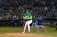 Oakland Athletics pitcher Mason Miller pitches against the Texas Rangers at the Oakland Coliseum. Oakland^ California - September 24^ 2024
