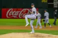 Cleveland Guardians pitcher Shane Bieber pitches against the Oakland Athletics on Opening Day at the Oakland Coliseum. Oakland^ California - March 28^ 2024