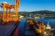 Container vessel approaching the berth Manzanillo^ Mexico - November 1 2015