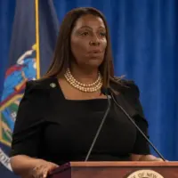 New York State Attorney General Letitia James delivers remarks on landmark victory in civil fraud trial against Donald Trump and the Trump Organization at 28 Liberty Street in New York on Feb 16^ 2024