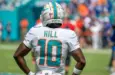 Tyreek Hill (10) (Miami Dolphins starting WR) stands on the sideline during pregame warmup. Miami Dolphins vs. NY Giants at HardRock Stadium. Miami Gardens^ FLUSA - October 08^ 2023