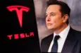Elon Musk^ CEO of Tesla^ in a formal suit with the Tesla logo in the background. The image depicts electric vehicles^ innovations^ and tech leadership.