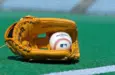 Official Major League Baseball ball and glove on the green field ^ product shot