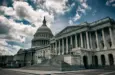 Dark and gloomy view of the deserted US Capitol Building under moody sky in Washington DC^ USA